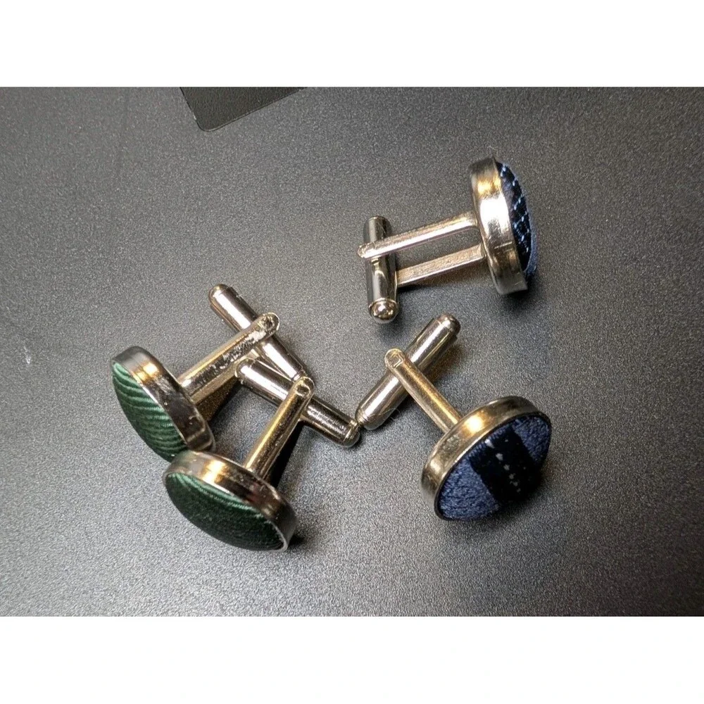 Fabric Covered Cufflinks Lot of 2 Round Vintage Look Green Plaid Blue Pattern